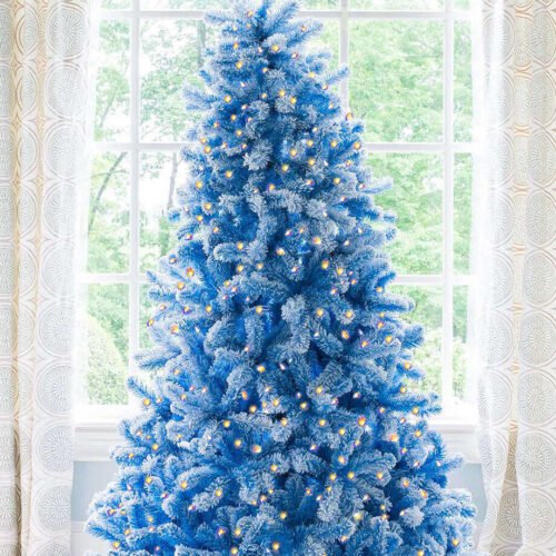 BlueDuchess_69c41b62-c1c6-436a-99c8-78b2c505eb2a 7.5' Duchess Blue Flock Artificial Christmas Tree with 600 Warm White LED Lights