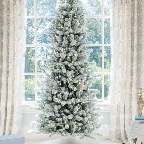 12' King Flock® Slim Artificial Christmas Tree with 1250 Warm White LED Lights