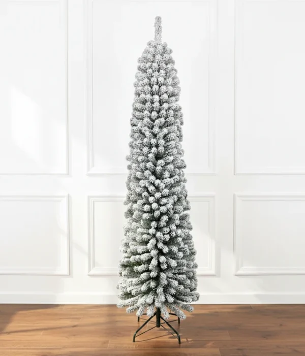 9' Prince Flock® Pencil Artificial Christmas Tree with 600 Warm White LED Lights