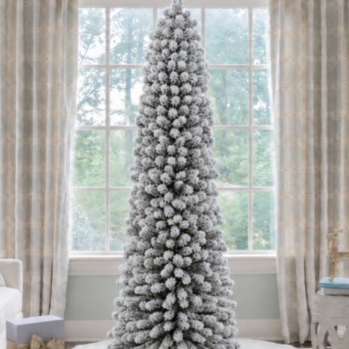 9' Prince Flock® Pencil Artificial Christmas Tree with 600 Warm White LED Lights